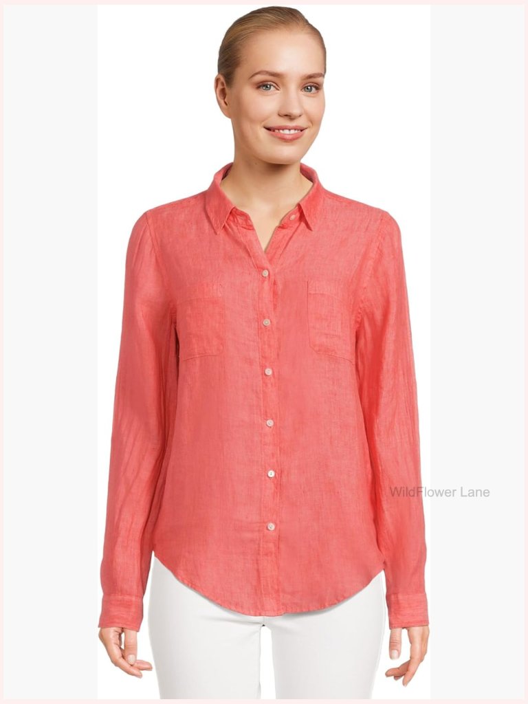 Linen Button-Down Long Sleeve Blouse Classic Fit Office Casual
